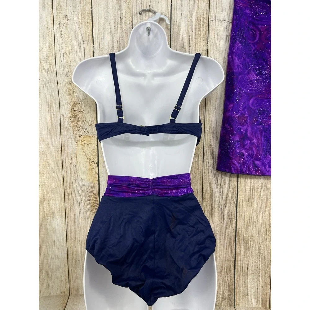 Vtg 90s Jantzen 3pc Swim Set Wrap‎ Skirt 10 Purple Galaxy High Waist Bikini USA